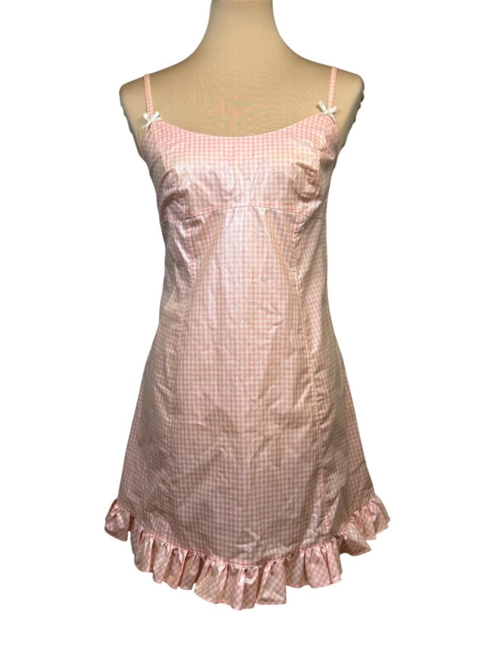 Vintage 90s Betsey Johnson Pink Gingham Plastic Mini Dress Medium USA Polyuretha